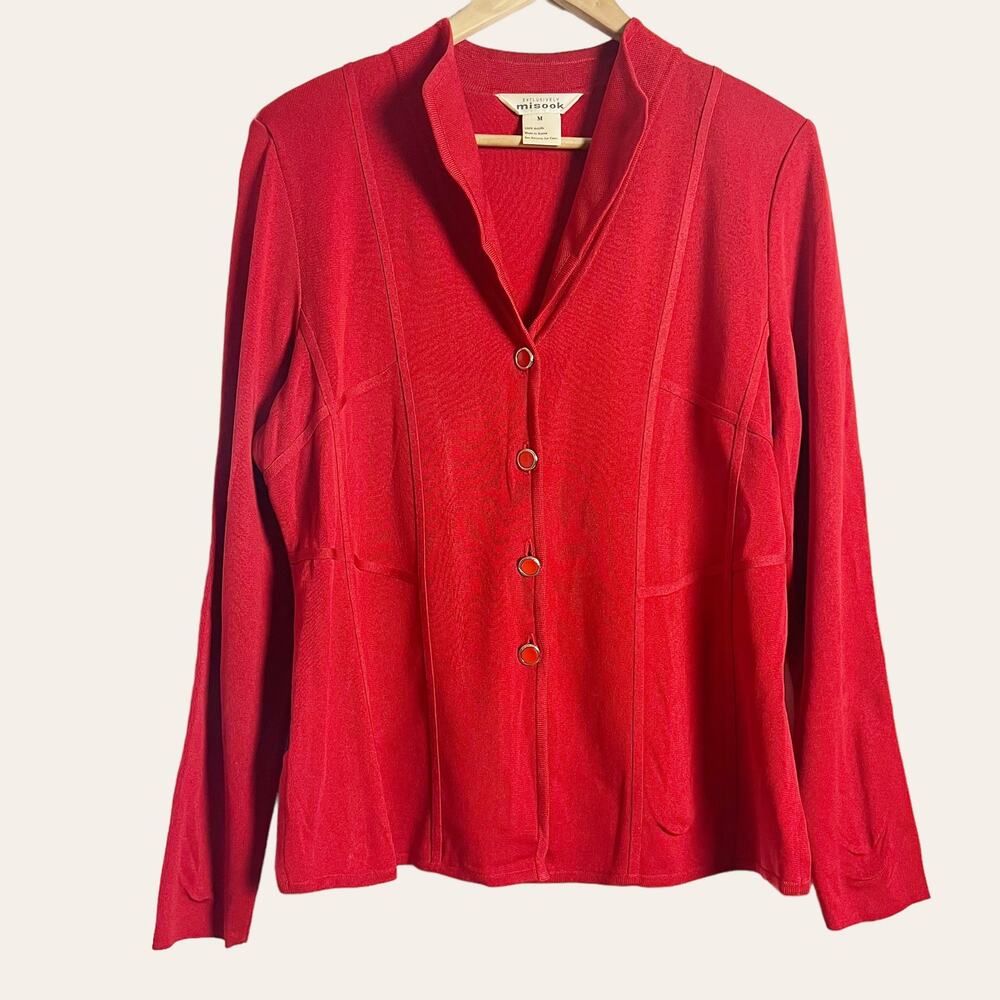 Exclusively Misook Solid Red Knit Button Front Sw… - image 1
